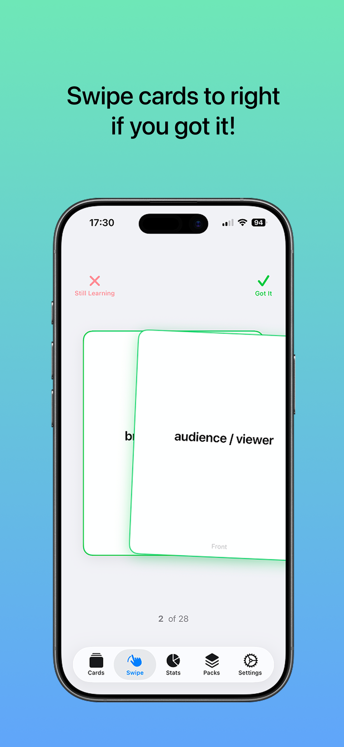 Flickard swipe interface showing a German-English vocabulary card
